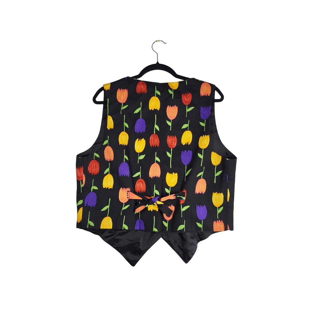 VTG Tulip Print Vest Womens L Black Floral Cottagecore Garden Floral USA 90s - Picture 4 of 9